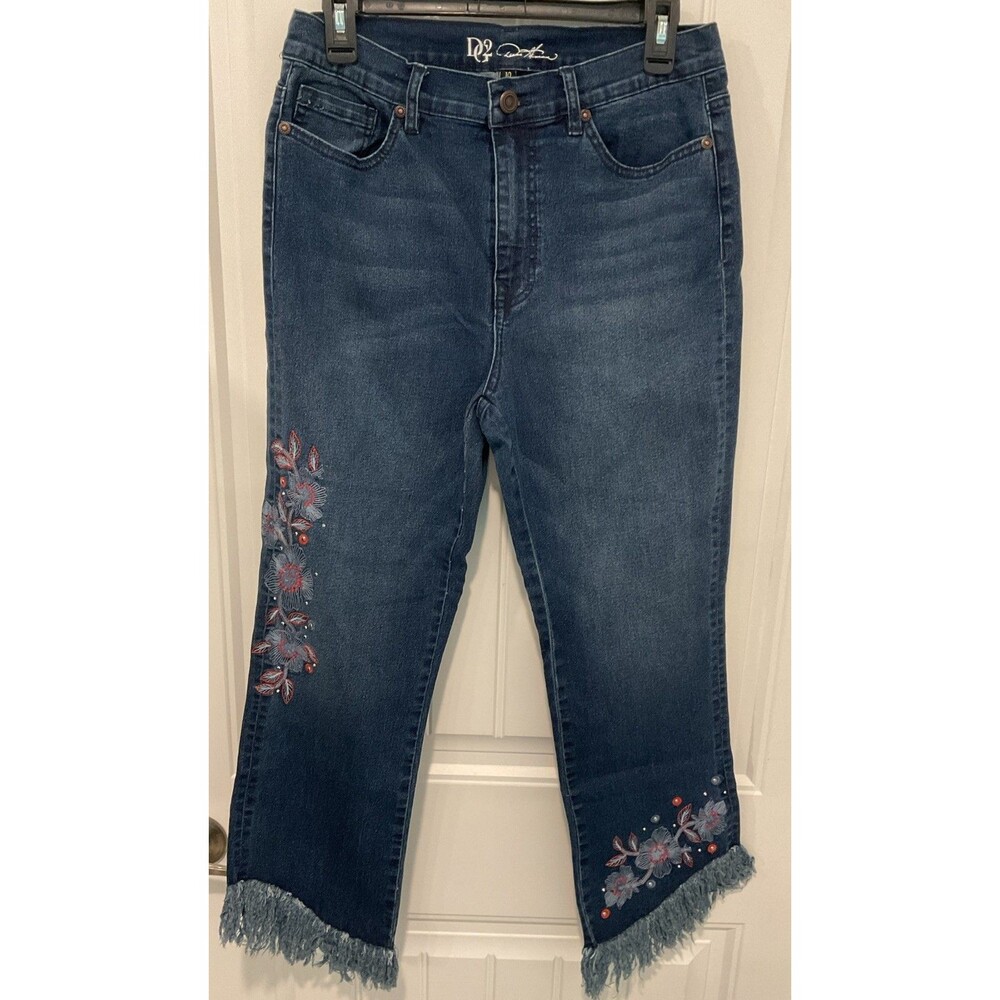 NWOT dg2 Diane Gilman jeans Size 10 Embroidered Embellished Angled Fringe Hem